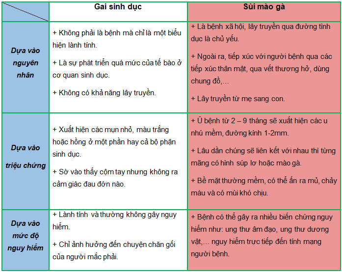 phân biệt gai sinh dục sùi mào gà